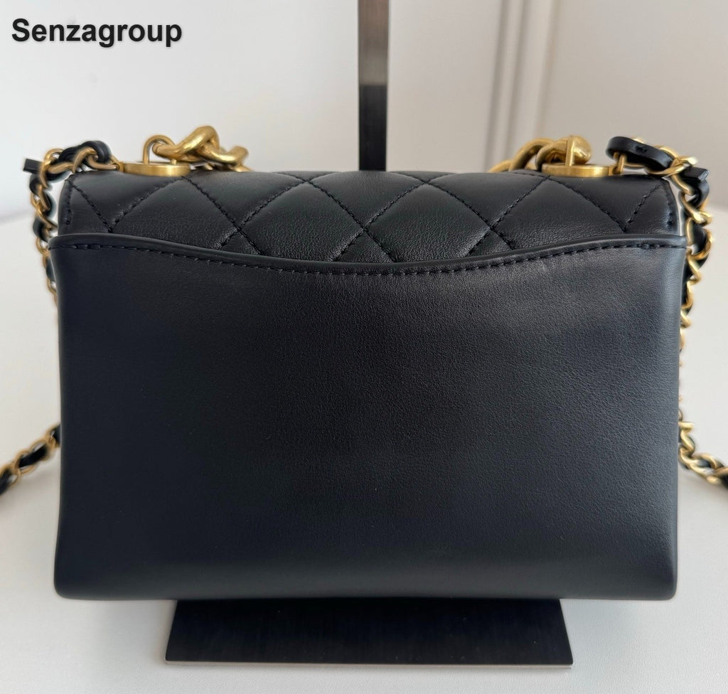 Chanel Diamond Chain Calfskin Top Handle Shoulder Crossbody Black Gold Women