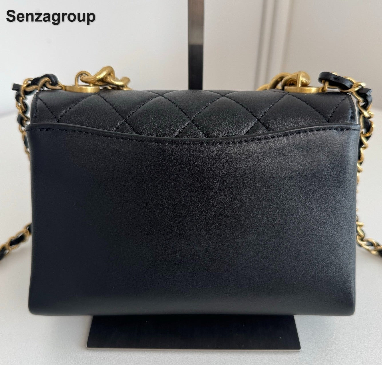 Chanel Diamond Chain Calfskin Top Handle Shoulder Crossbody Black Gold Women