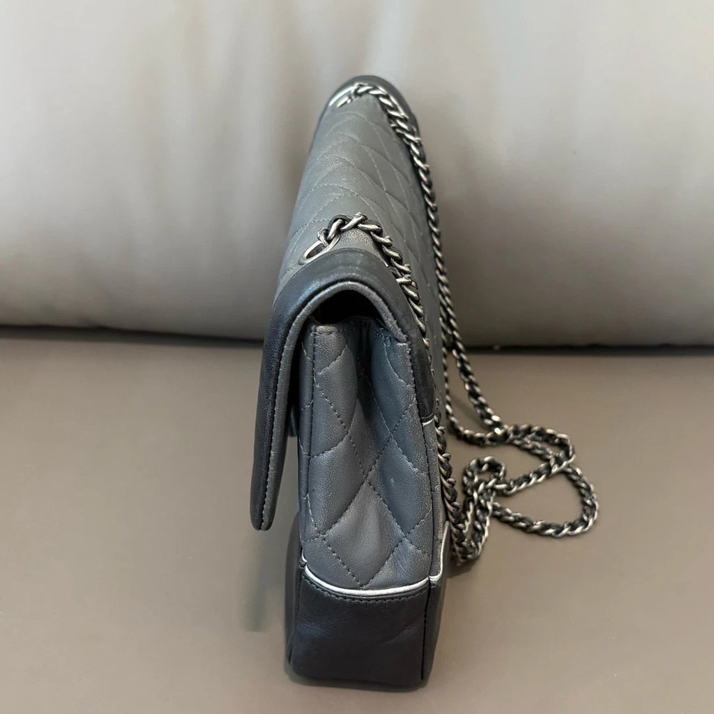 Chanel Classic Flap Diamond Silver Chain Shoulder Bag Crossbody Gray and Black