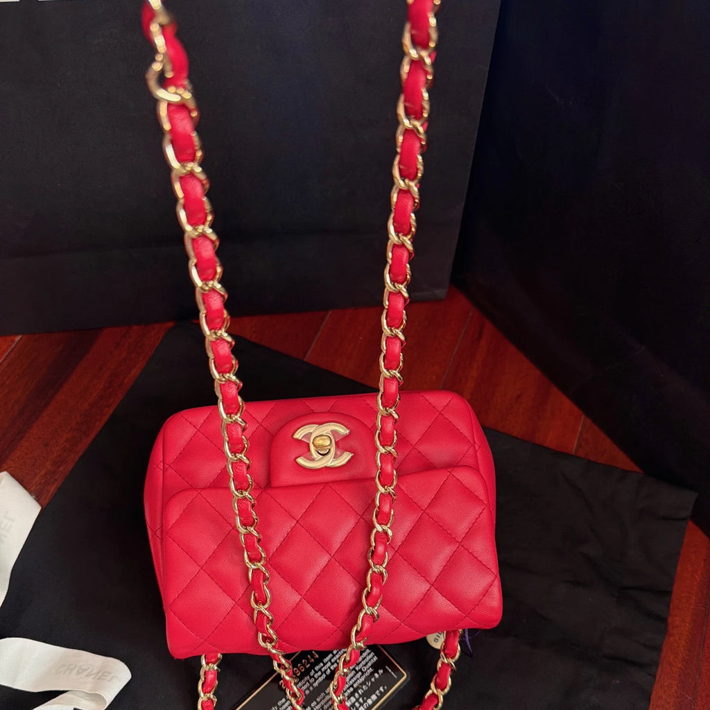 Chanel Classic Flap Lambskin Chain Crossbody Red Gold Women Diamond