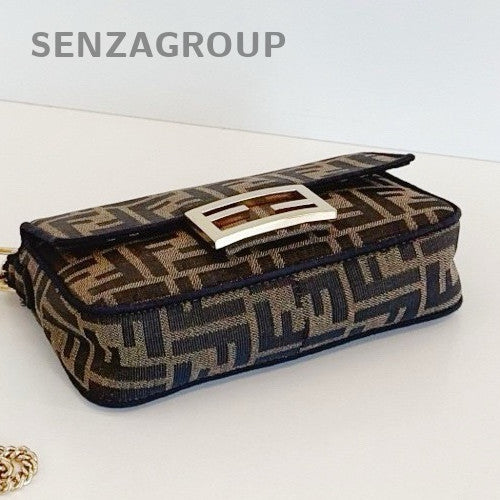 Fendi Baguette Mini Top Handle Bag Chain Crossbody Brown Gold Women Classic