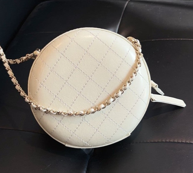 Chanel Calfskin Round Bag Chain Shoulder Bag Crossbody White Gold Women Classic