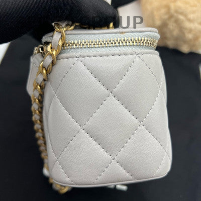 Chanel Classic Gray Gold Quilted Box Bag Chain Strap Shoulder Crossbody