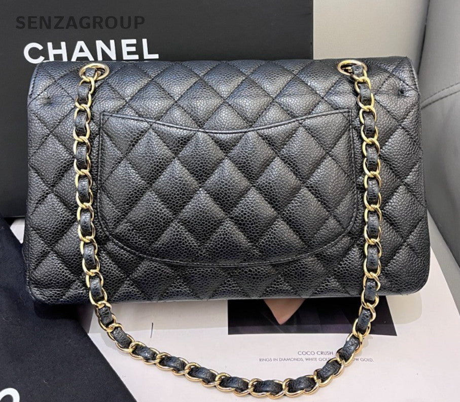 Chanel Classic Flap MM Chain Shoulder Bag Black Gold Diamond Women Fashion