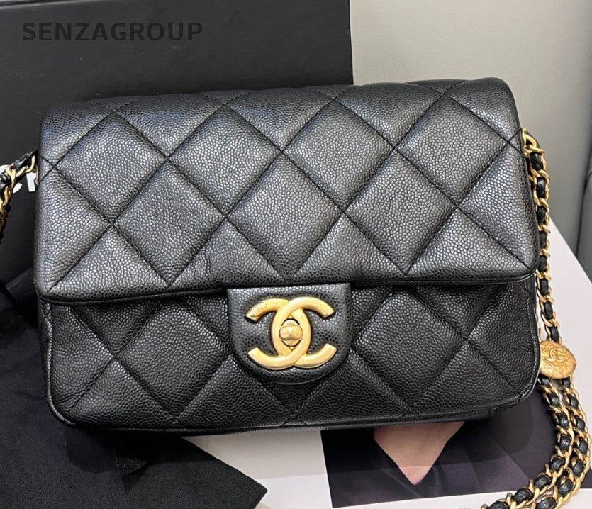 Chanel Calfskin Chain Diamond Shoulder Bag Crossbody Black Gold Women Fashion