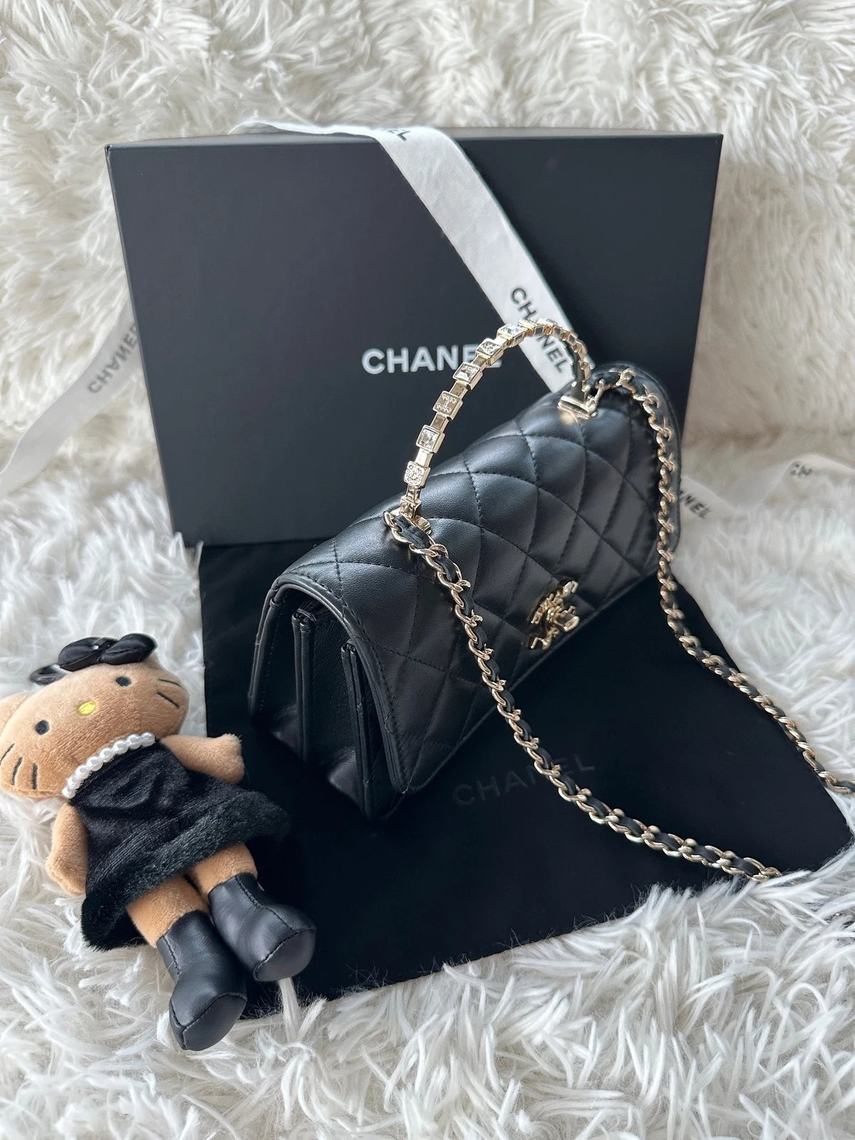 Chanel Diamond WOC Top Handle Crossbody Black Gold Women Classic