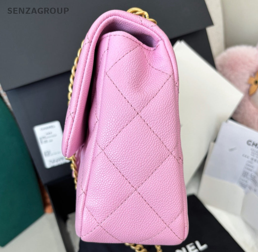 Chanel Classic Flap Calfskin Chain Shoulder Bag Pink Gold Diamond Women Fashion