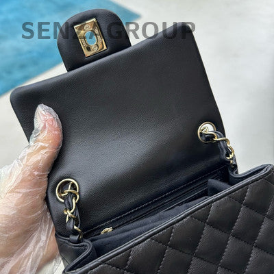 Chanel 25S Black Gold Quilted Lambskin Mini Square Flap Bag Chain Crossbody