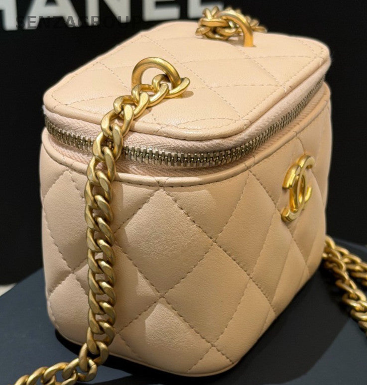 Chanel Diamond Chain Lambskin Box Crossbody Pink Gold Women Classic Fashion