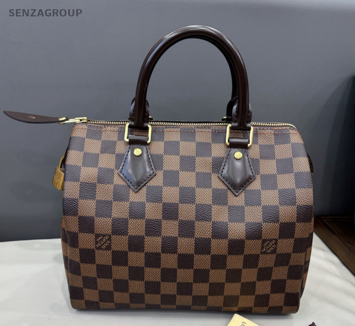 Louis Vuitton Speedy25 Top Handle Bag Brown Damier Ebene Gold Women Classic