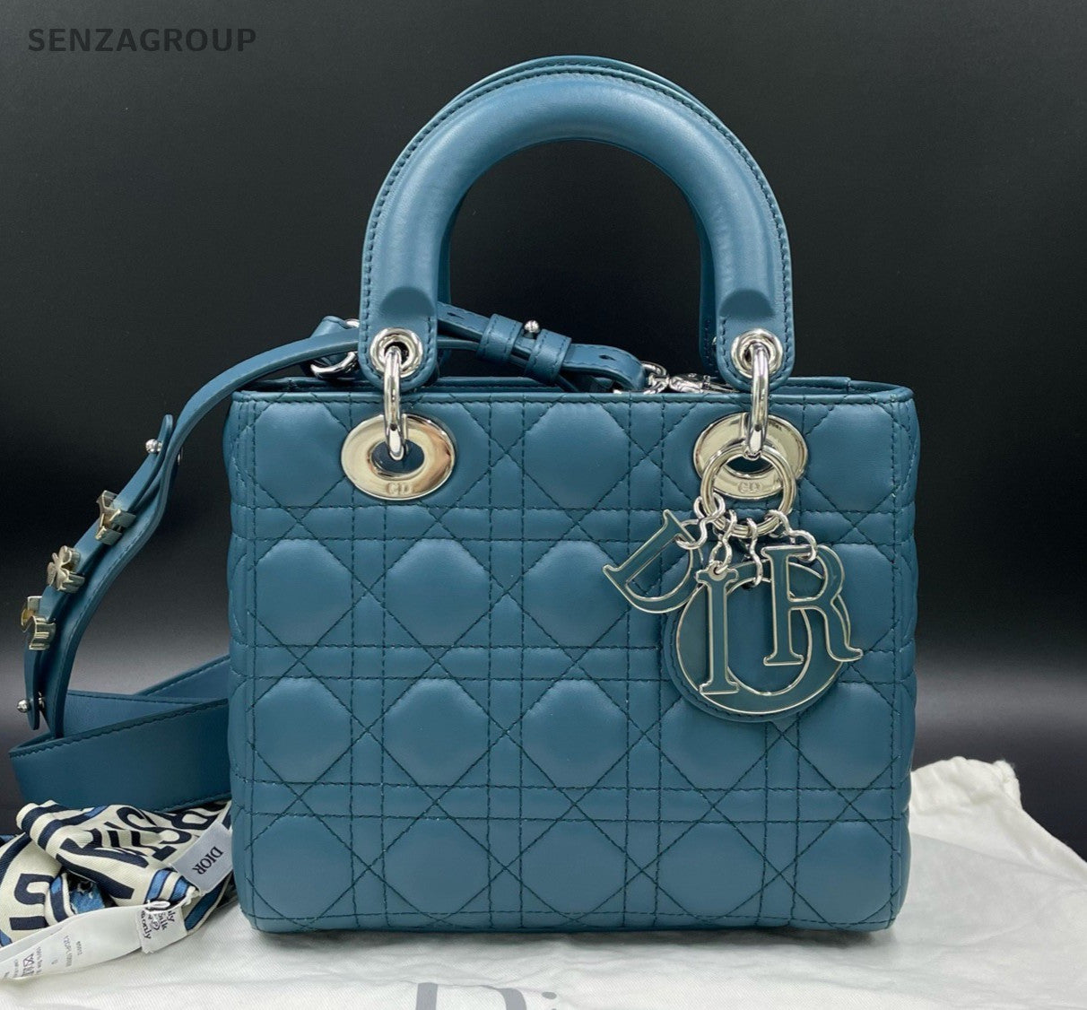 Christian Dior Lady Dior 2Way Top Handle Bag Crossbody Blue Silver Women Classic