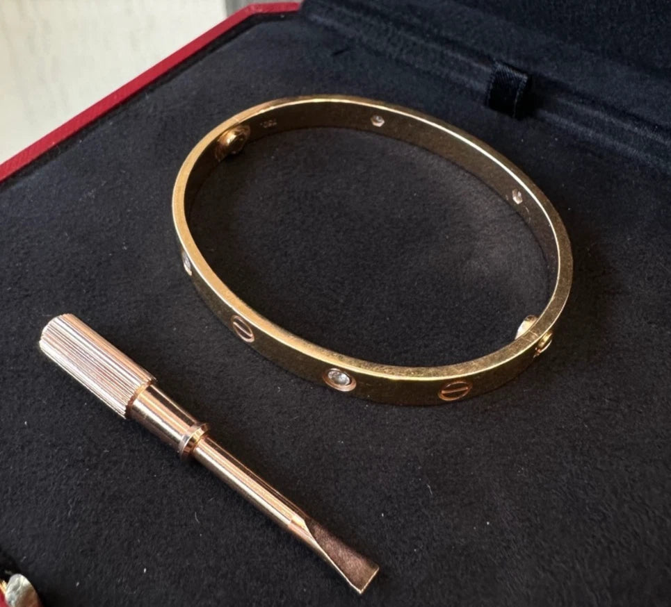 Authentic Cartier Love Classic Bracelet 4 Diamonds 18K Rose Gold Bangle Size17