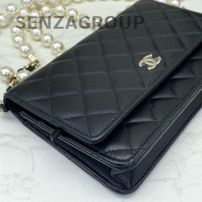 Chanel Quilted Black Silver Lambskin WOC Pearl Chain Crossbody Bag