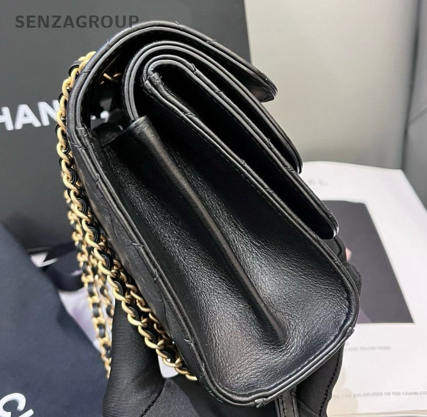 Chanel Calfskin PM Chain Shoulder Bag Black Gold Diamond Women Classic