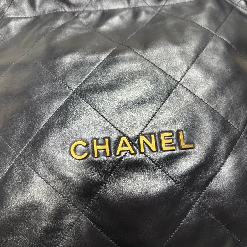 Authentic CHANEL Calfskin 22 Black Gold Medium Tote Bag For Women