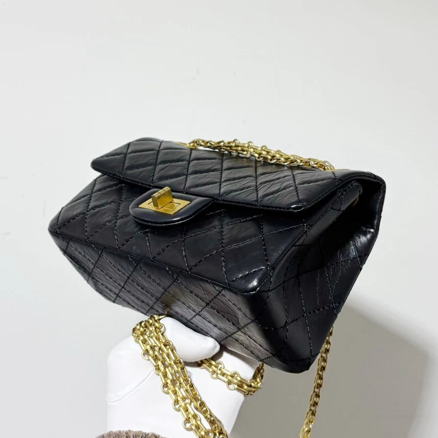 Chanel 2.55 Mini Chain Shoulder Bag Crossbody Black Gold Women Classic Diamond