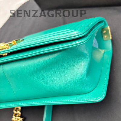 Chanel Le Boy Medium V-Stitch Chain Shoulder Bag Green Gold Clasp