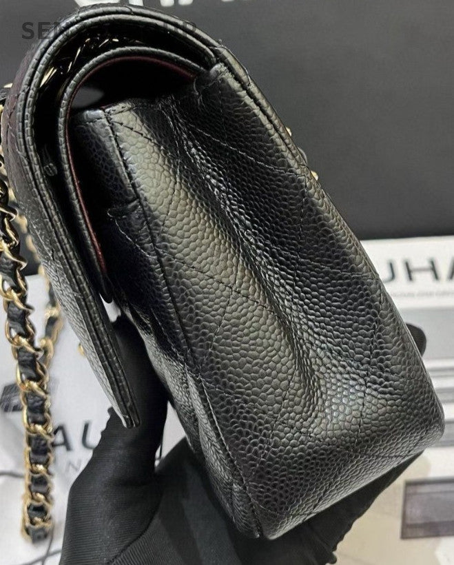 Chanel Classic Flap Calfskin Leather MM Chain Shoulder Bag Black Gold Women