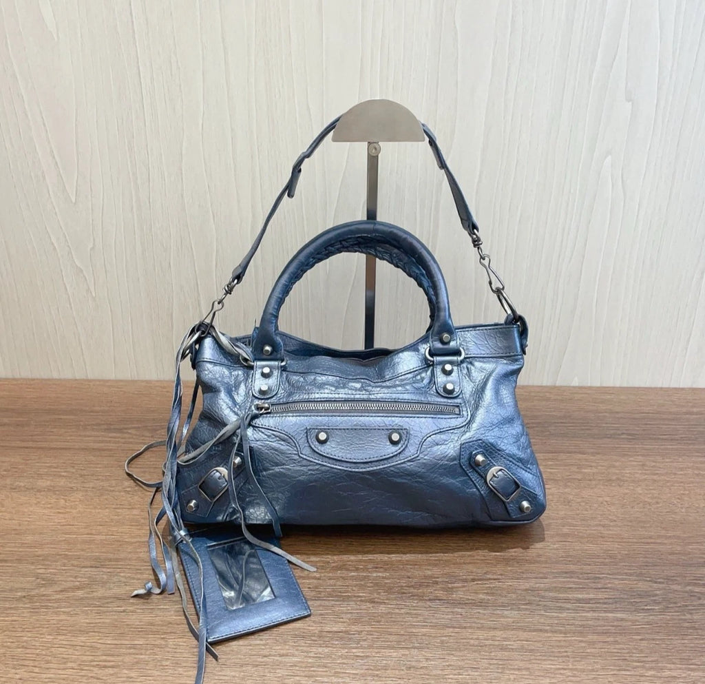 Balenciaga Le City Gray Top Handle Bag Shoulder Bag Silver Hardware Women