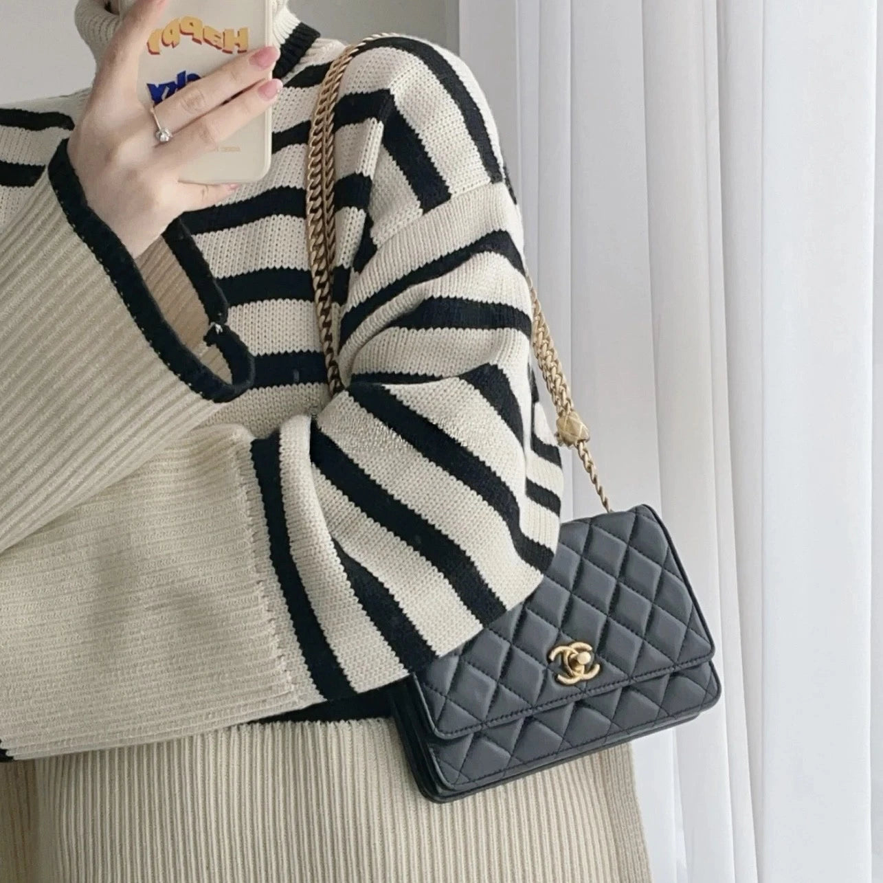 Chanel WOC Chain Shoulder Bag Crossbody Brown Gold Diamond Classic Women