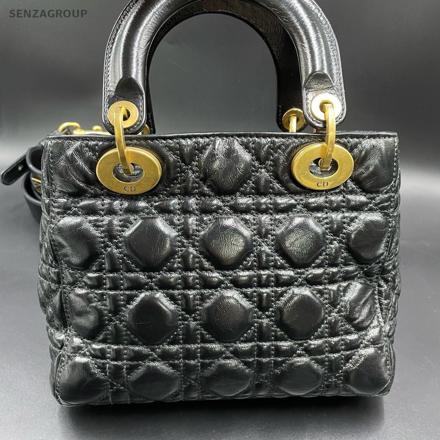 Christian Dior Lady Dior Cannage Top Handle Bag Crossbody Black Gold Women