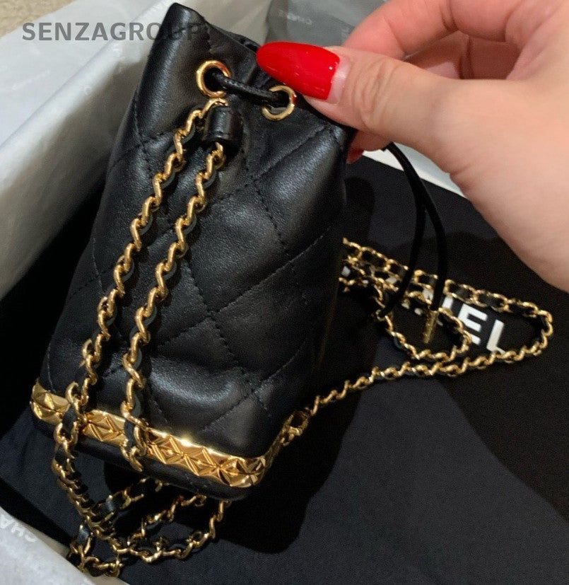 CHANEL Bucket Drawstring Lambskin Diamond Pattern Chain Shoulder bag Black Gold