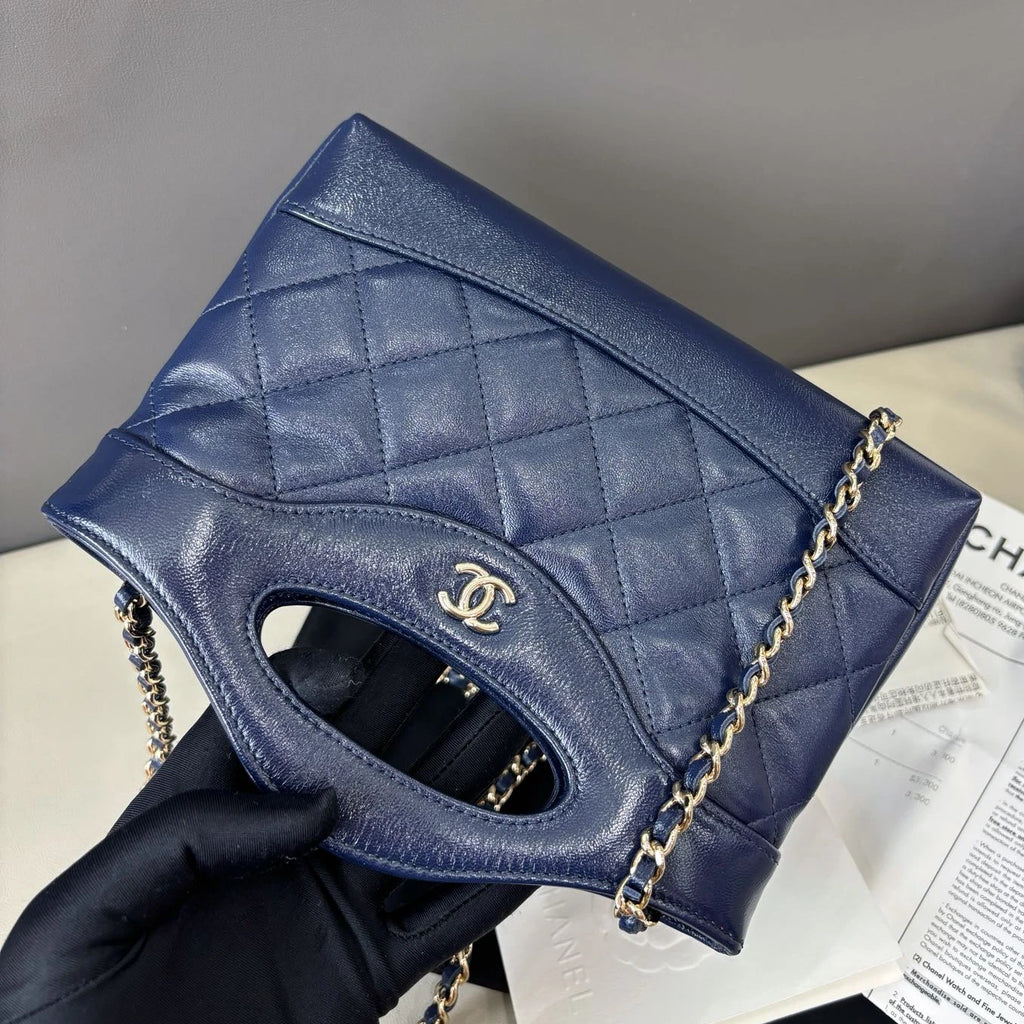 Chanel 31Bag Nano Chain Top Handle Crossbody Blue Gold Diamond Women Classic