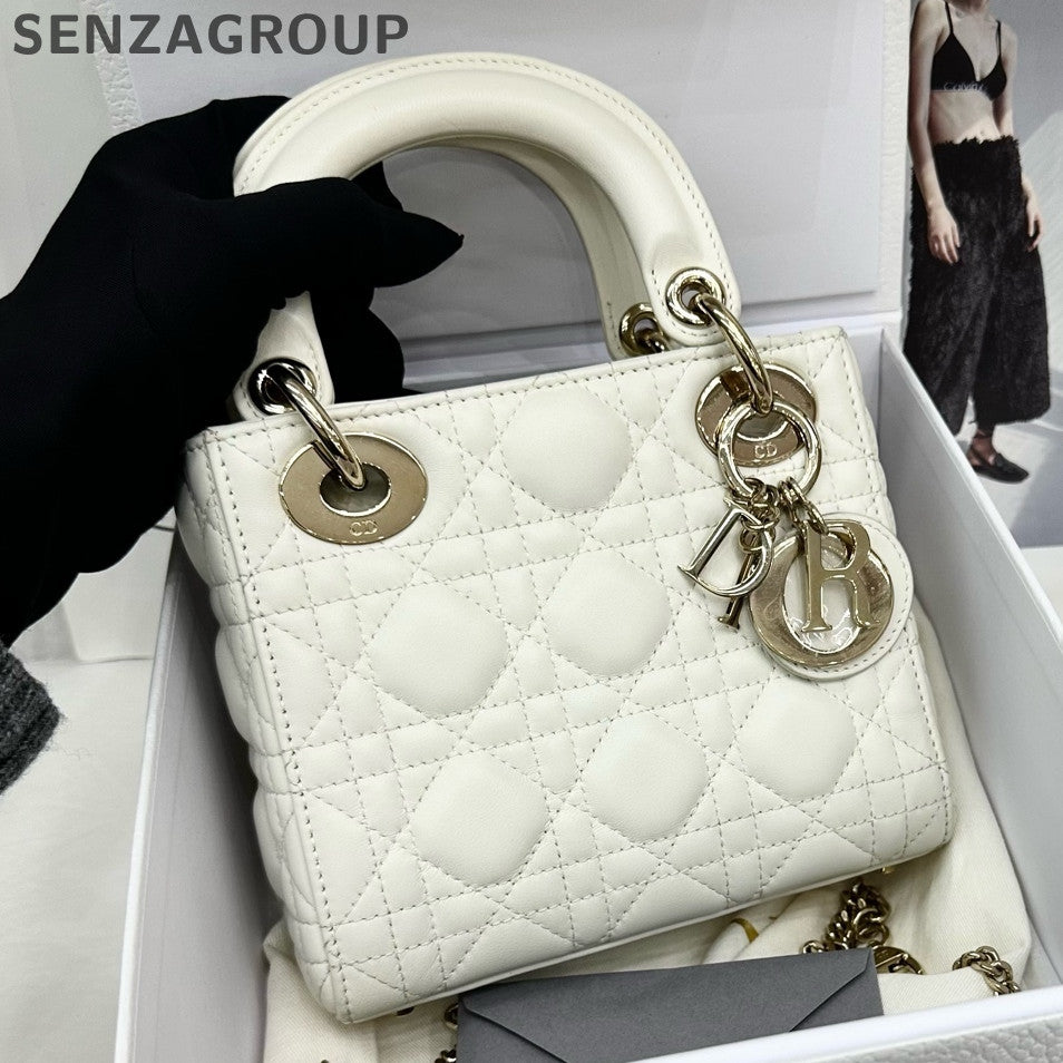 Dior Lady Dior Bag White Gold Lamb Leather Classic Women's Handbag
