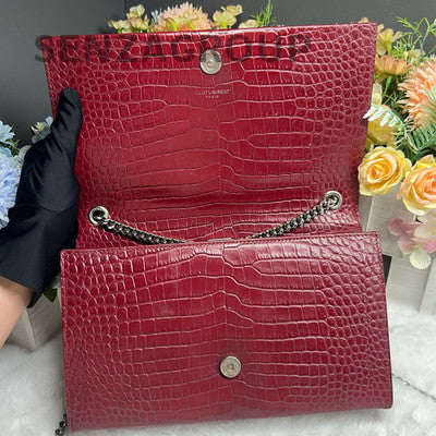 Saint Laurent Crocodile Embossed Fringe Bag Red Silver Chain Crossbody