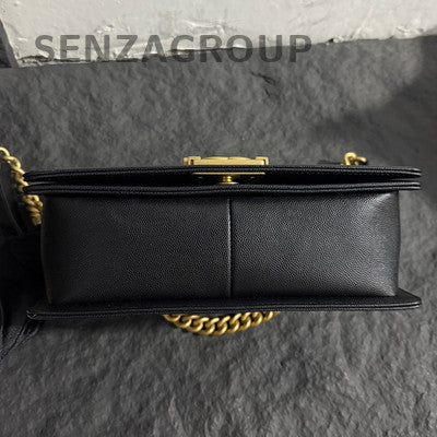 Chanel Le Boy Medium Black Gold Caviar Quilted Chain Shoulder Bag