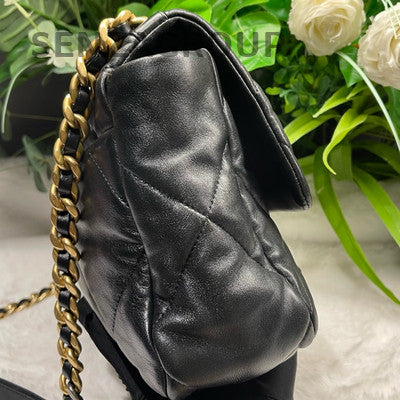 Chanel 19 Medium Quilted Lambskin Shoulder Crossbody Bag Black Gold