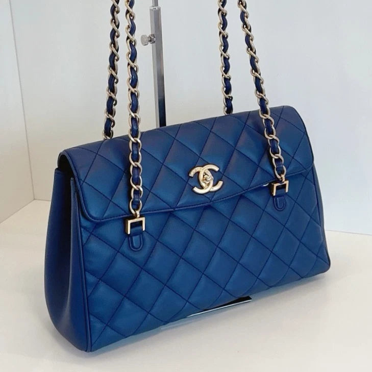 Chanel Diamond Tote Chain Shoulder Bag Blue Gold Used Women Classic
