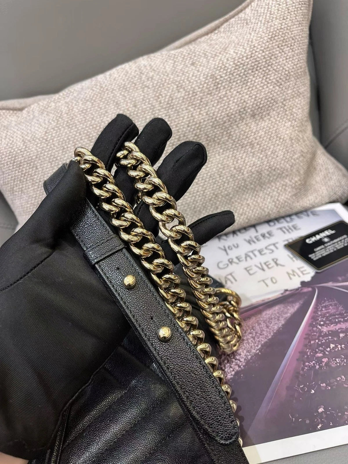 Chanel Leboy PM Calfskin Chain Shoulder Crossbody Black Gold Chevron Women
