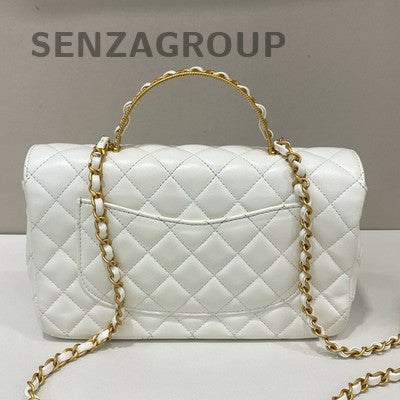 Chanel Classic Flap Woven Handle Quilted Chain Bag - Platinum