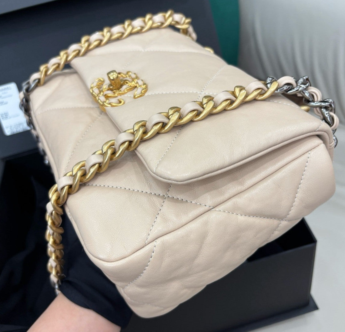 Chanel 19Bag PM Chain Shoulder Bag Crossbody Beige Gold Women Classic Fashion