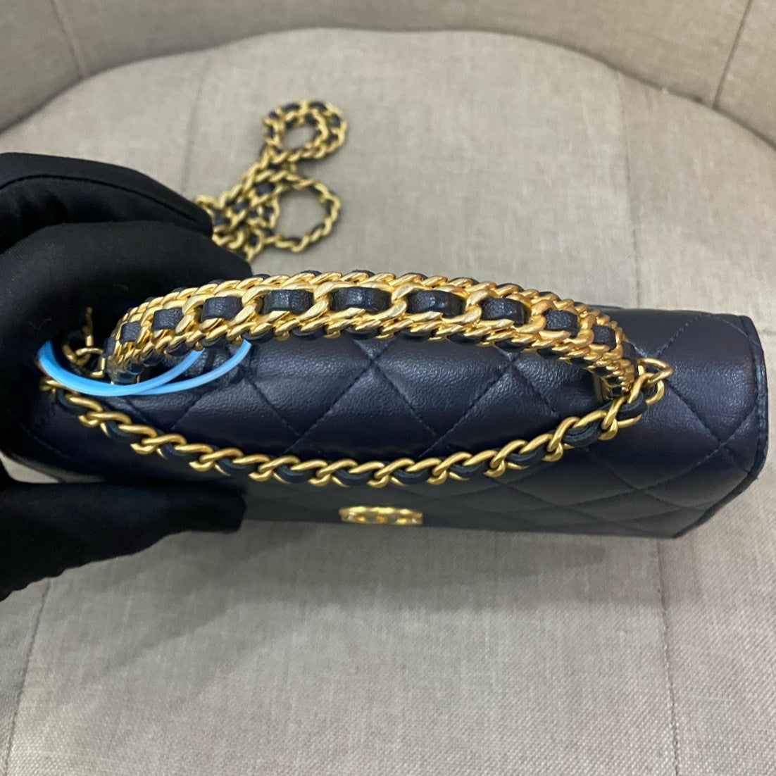 Chanel 22K Navy Blue Gold Hardware WOC Chain Crossbody Bag