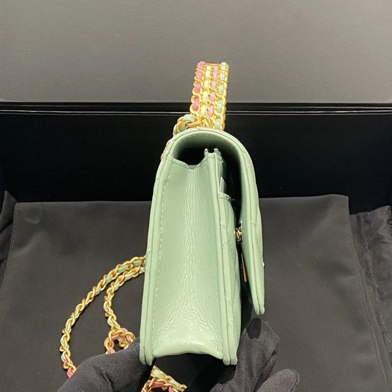 Chanel WOC Lambskin Diamond Top Handle Crossbody Green Gold Women Classic D