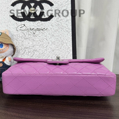 Chanel Classic Flap Lamb Leather Purple Silver Chain Shoulder Crossbody Bag