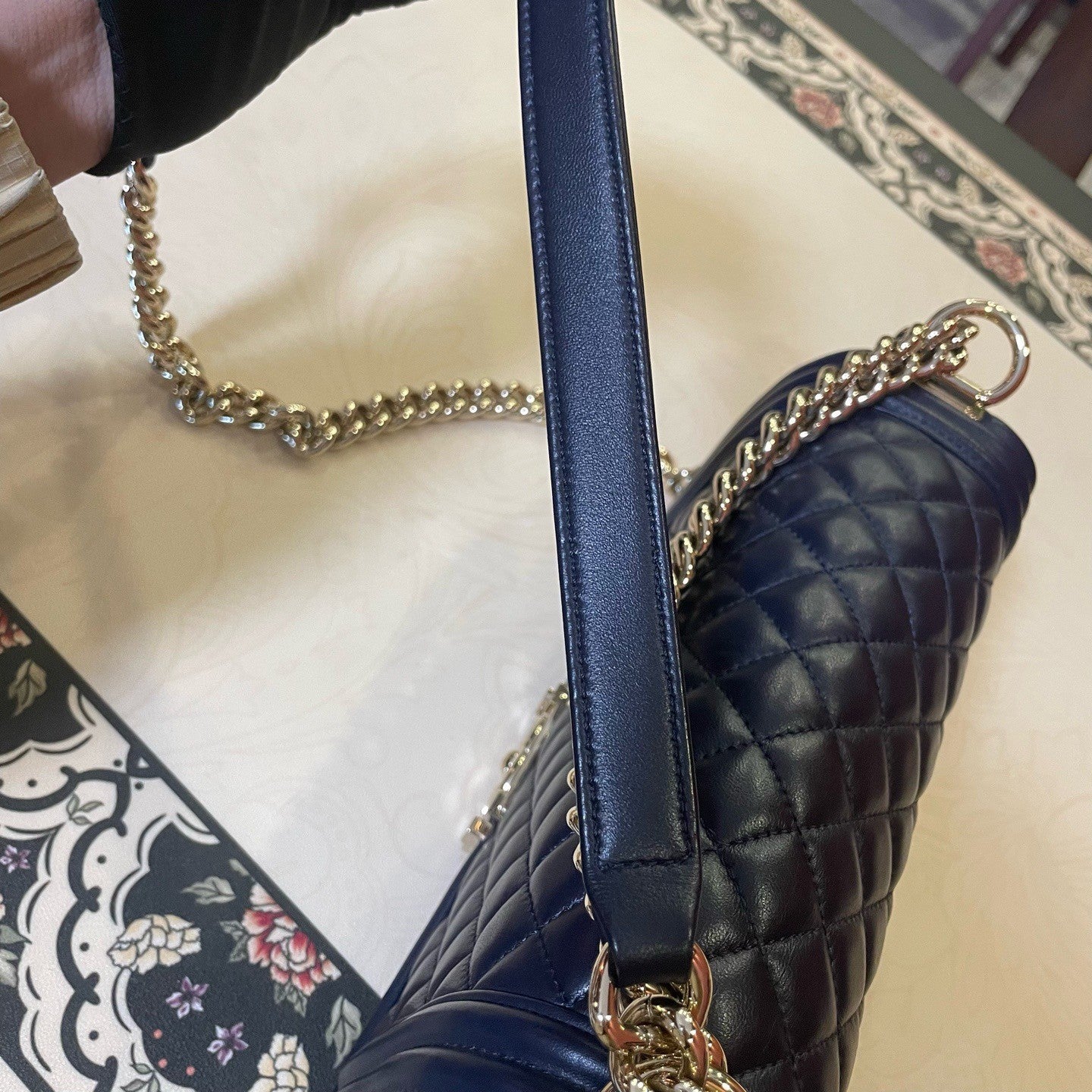 Chanel Leboy MM Lambskin Chain Shoulder Bag Crossbody Blue Gold Women Classic