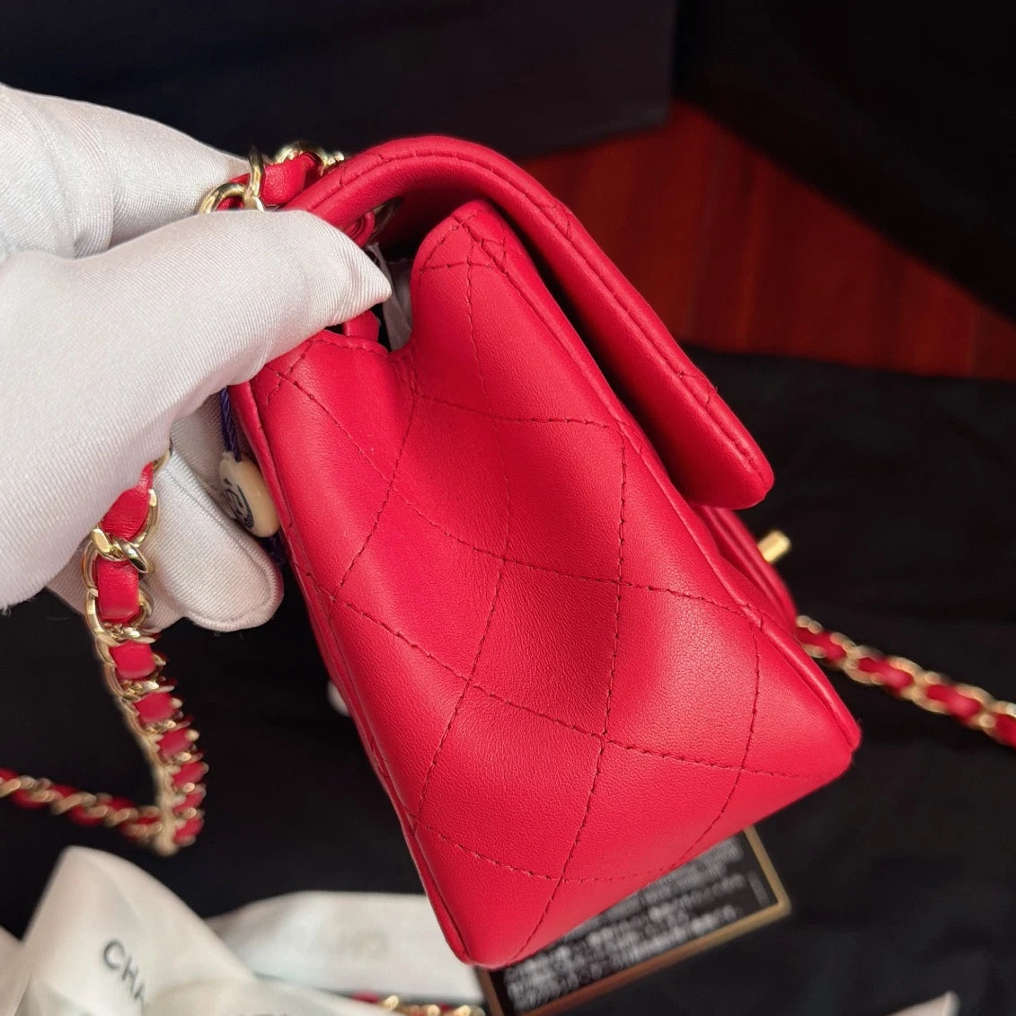 Chanel Classic Flap Lambskin Chain Crossbody Red Gold Women Diamond