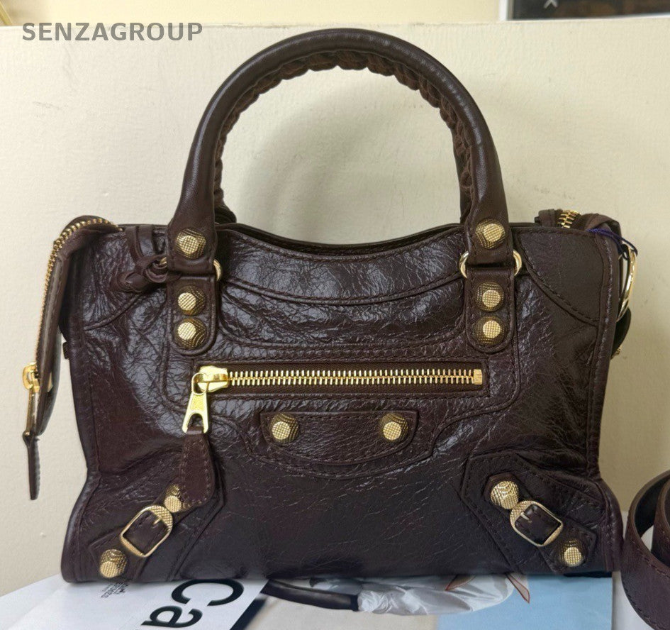 Balenciaga Mini 2Way Top Handle Bag Crossbody Brown Gold Women Classic