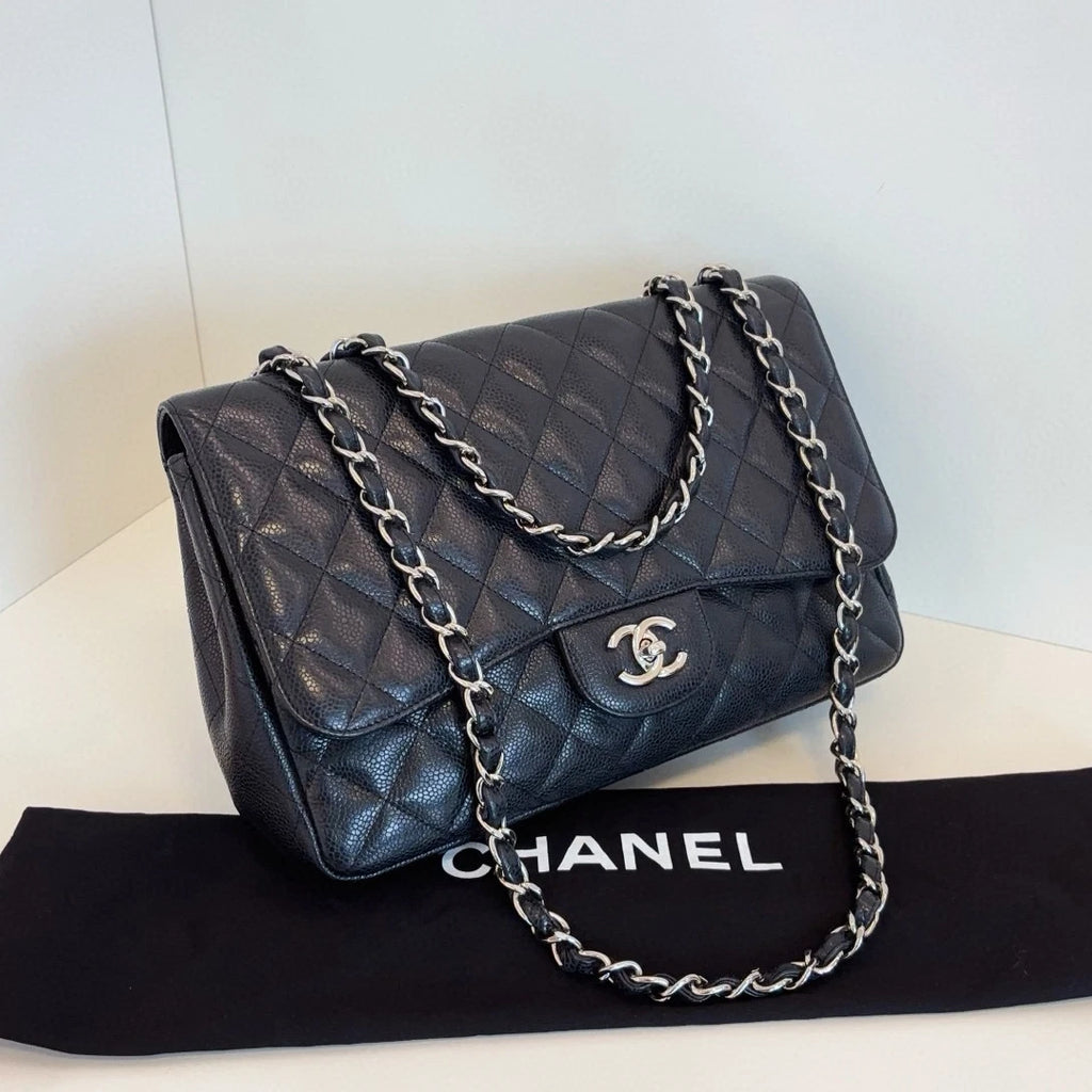 Chanel Classic Flap Jumbo Chain Shoulder Crossbody Black Silver Women Diamond