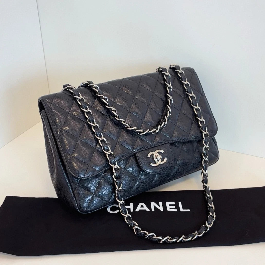 Chanel Classic Flap Jumbo Chain Shoulder Crossbody Black Silver Women Diamond