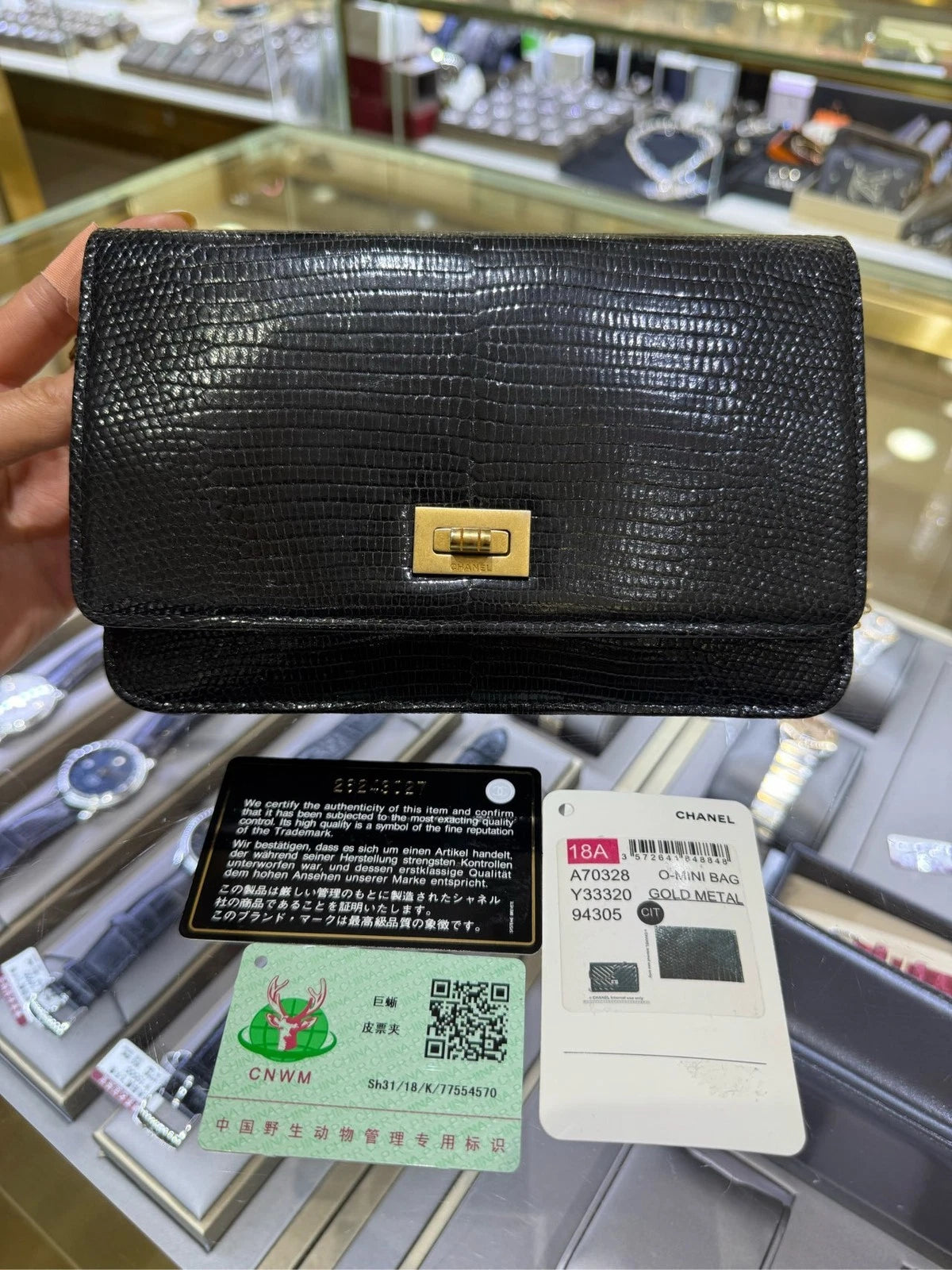 CHANEL 2.55 WOC Black Gold Lizard Leather Crossbody Bag For Women