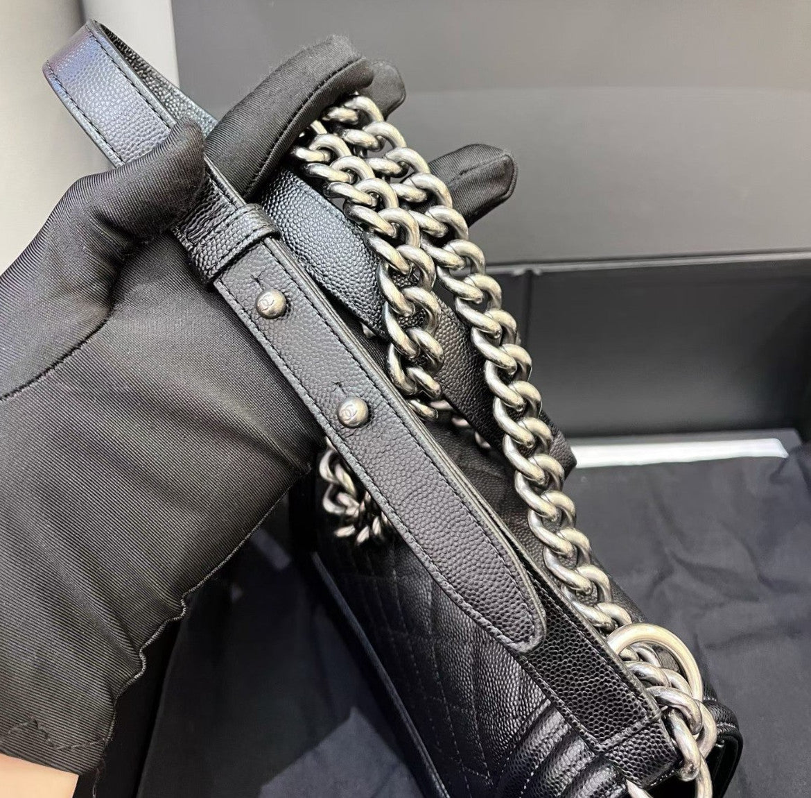 Chanel Leboy PM Chain Shoulder Bag Crossbody Black Silver Diamond Classic Women