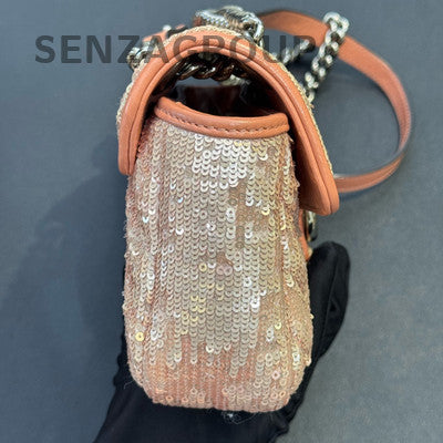 Gucci Marmont 22 Orange Sequin Chain Shoulder Bag Silver Hardware