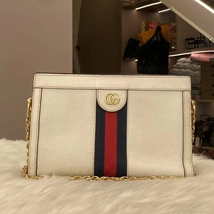 Gucci Small Chain Shoulder Bag White Gold Hardware Classic Women's