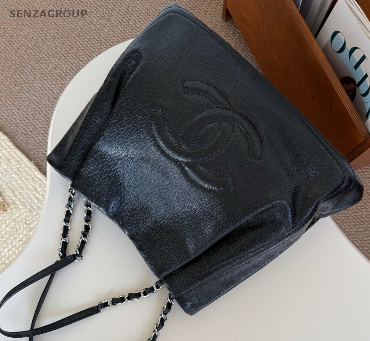 CHANEL CC Logo Relief sculpture Tote Calfskin Shoulder bag Women Black Silver