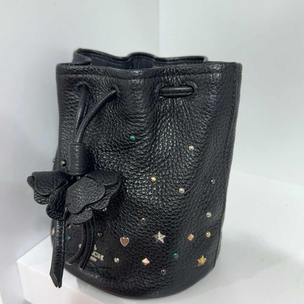 Coach Petal 14 Black Leather Starry Rivet Handbag For Women