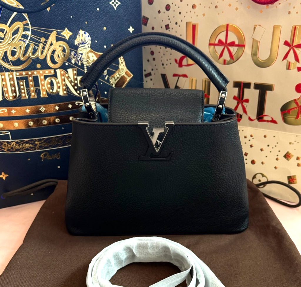 Louis Vuitton Capucines BB Calfskin Top Handle Bag Crossbody Black Silver Women